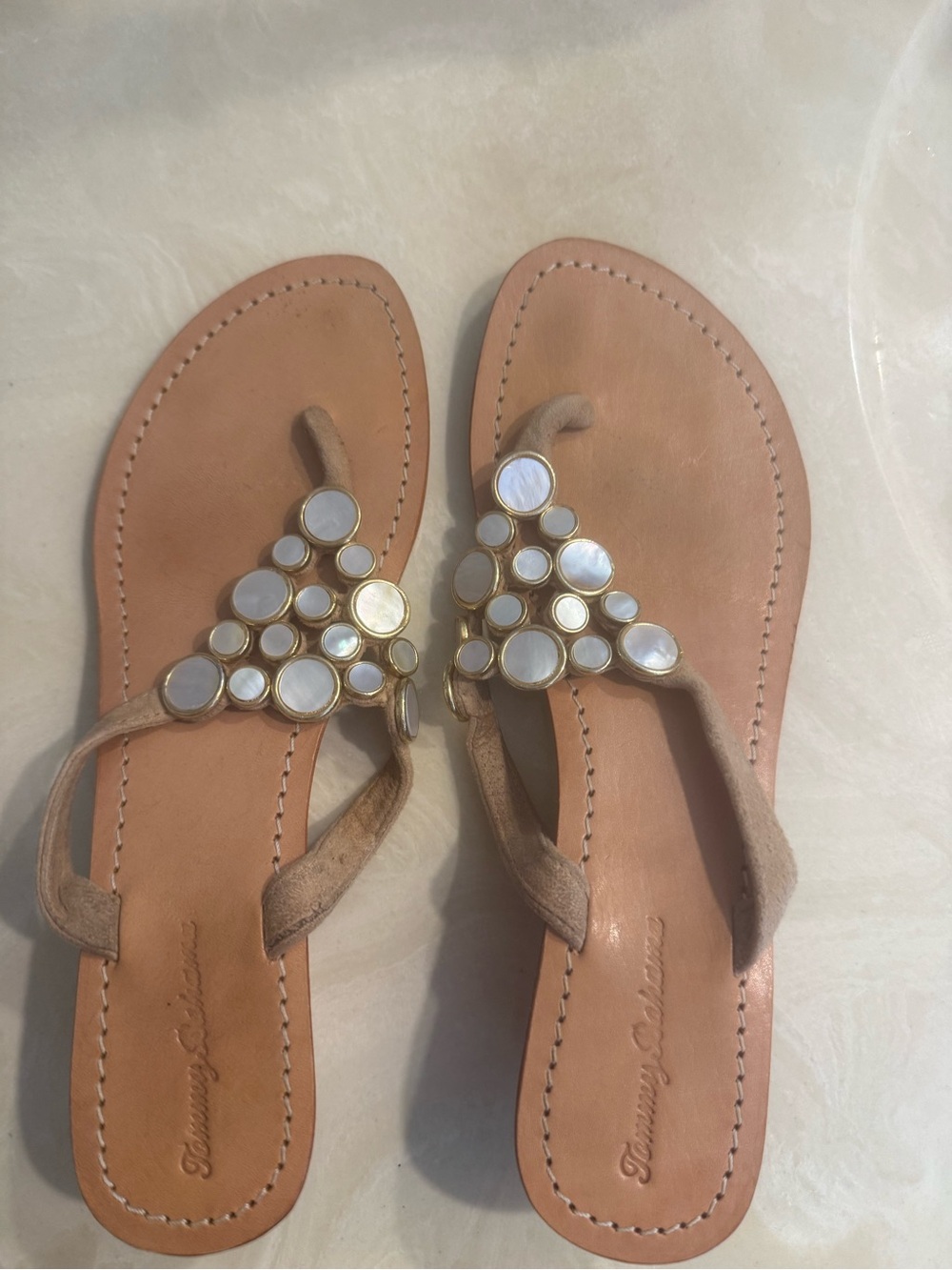 Tommy Bahama Tan Toe-Post Sandals with Mother-of-Pearl Discs